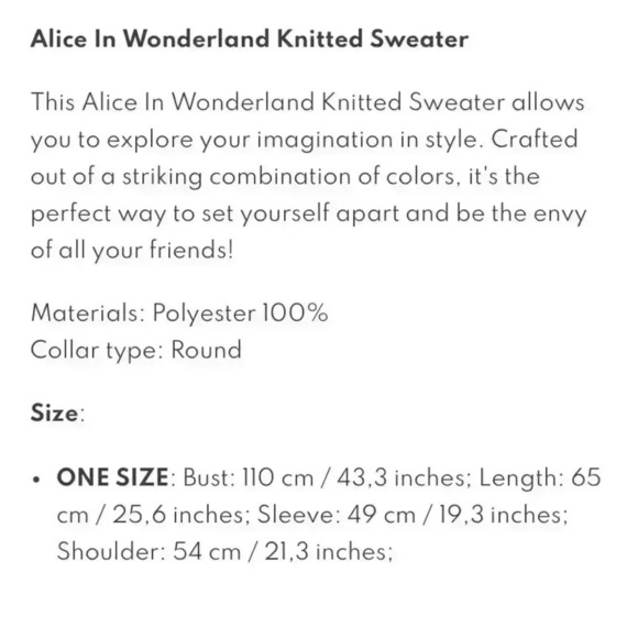 Alice in Wonderland Knitted Sweater,‎ one size - Picture 2 of 15